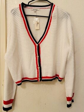 Francesca's Collections White Cropped Cardigan with Red & Navy Trim